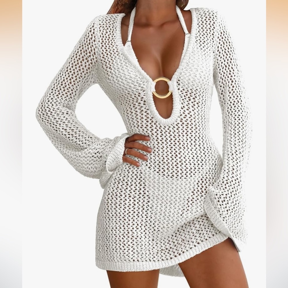 White Crochet Swim Cover-Up with Deep V and Ring Detail
